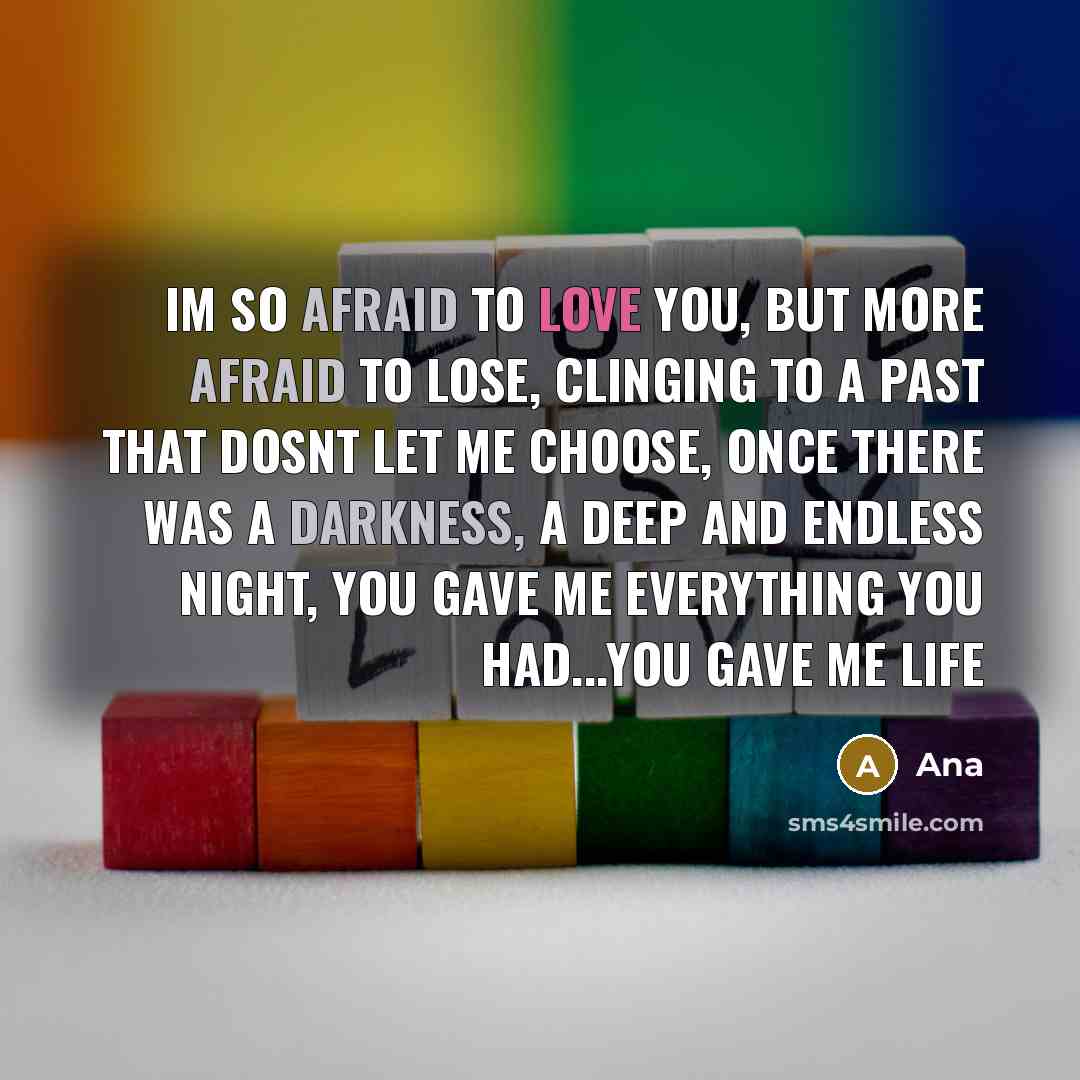 “Im so afraid to love you, but more afraid to lose, clinging to a past that dosnt let me choose, once there was a darkness, a deep and endless night, you gave me everything you had...you gave me life” quote by Ana
