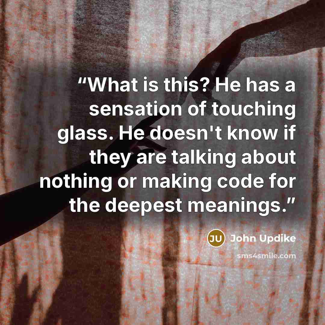 “What is this? He has a sensation of touching glass. He doesn't know if they are talking about nothing or making code for the deepest meanings.” quote by John Updike
