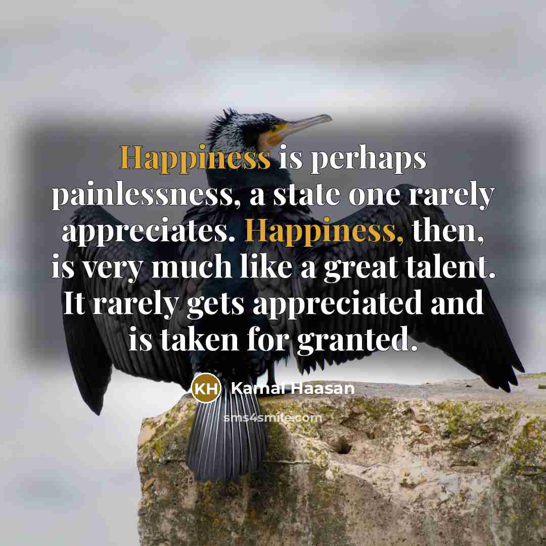 “Happiness is perhaps painlessness, a state one rarely appreciates. Happiness,…” quote by Kamal Haasan
