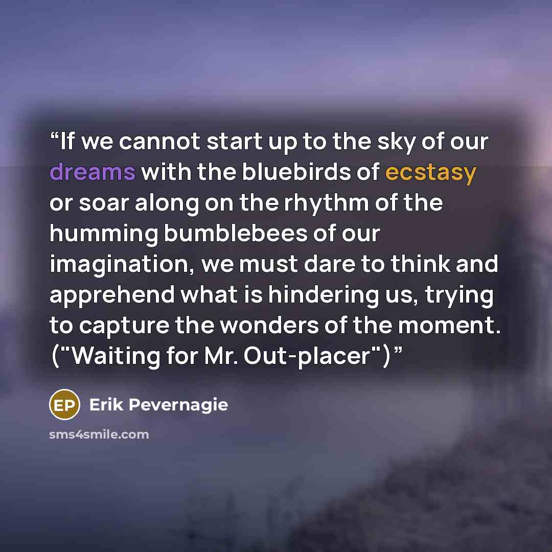 “If we cannot start up to the sky of our dreams with the bluebirds of ecstasy or soar along on the rhythm of the humming bumblebees of our imagination, we must dare to think and apprehend what is hindering us, trying to capture the wonders of the moment. ("Waiting for Mr. Out-placer")” quote by Erik Pevernagie