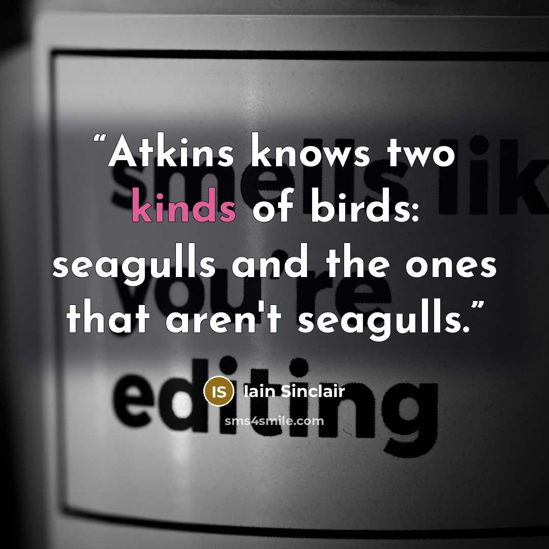“Atkins knows two kinds of birds: seagulls and the ones that aren't seagulls.” quote by Iain Sinclair