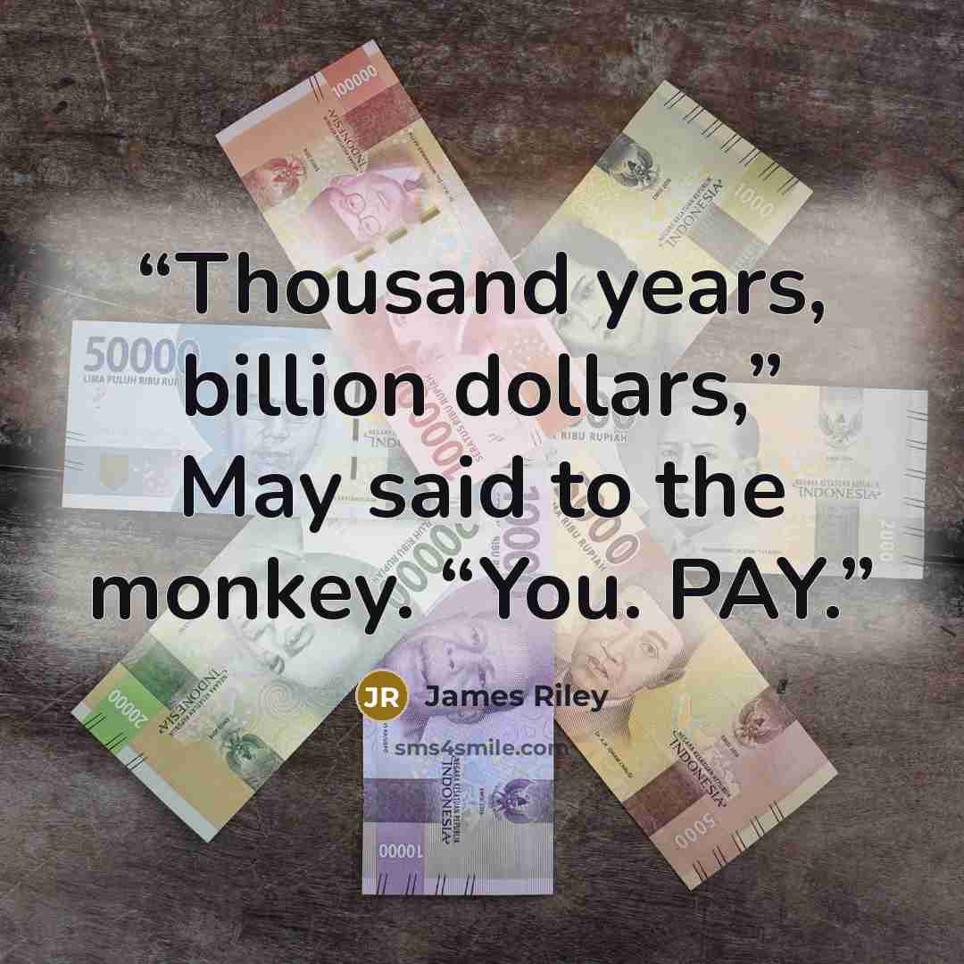 “Thousand years, billion dollars,” May said to the monkey. “You. PAY.” quote by James Riley