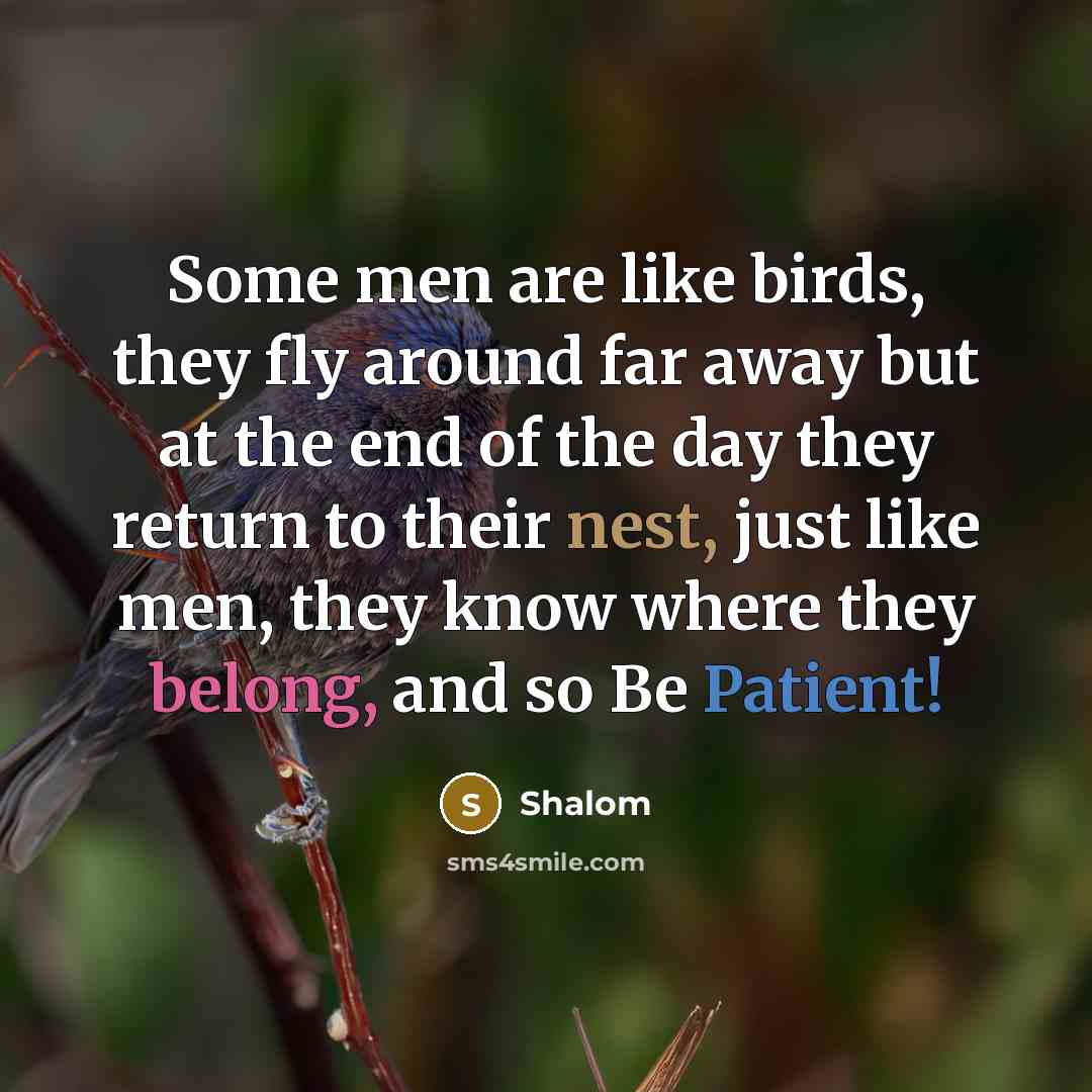 “Some men are like birds, they fly around far away but at the end of the day they return to their nest, just like men, they know where they belong, and so Be Patient!” quote by Shalom