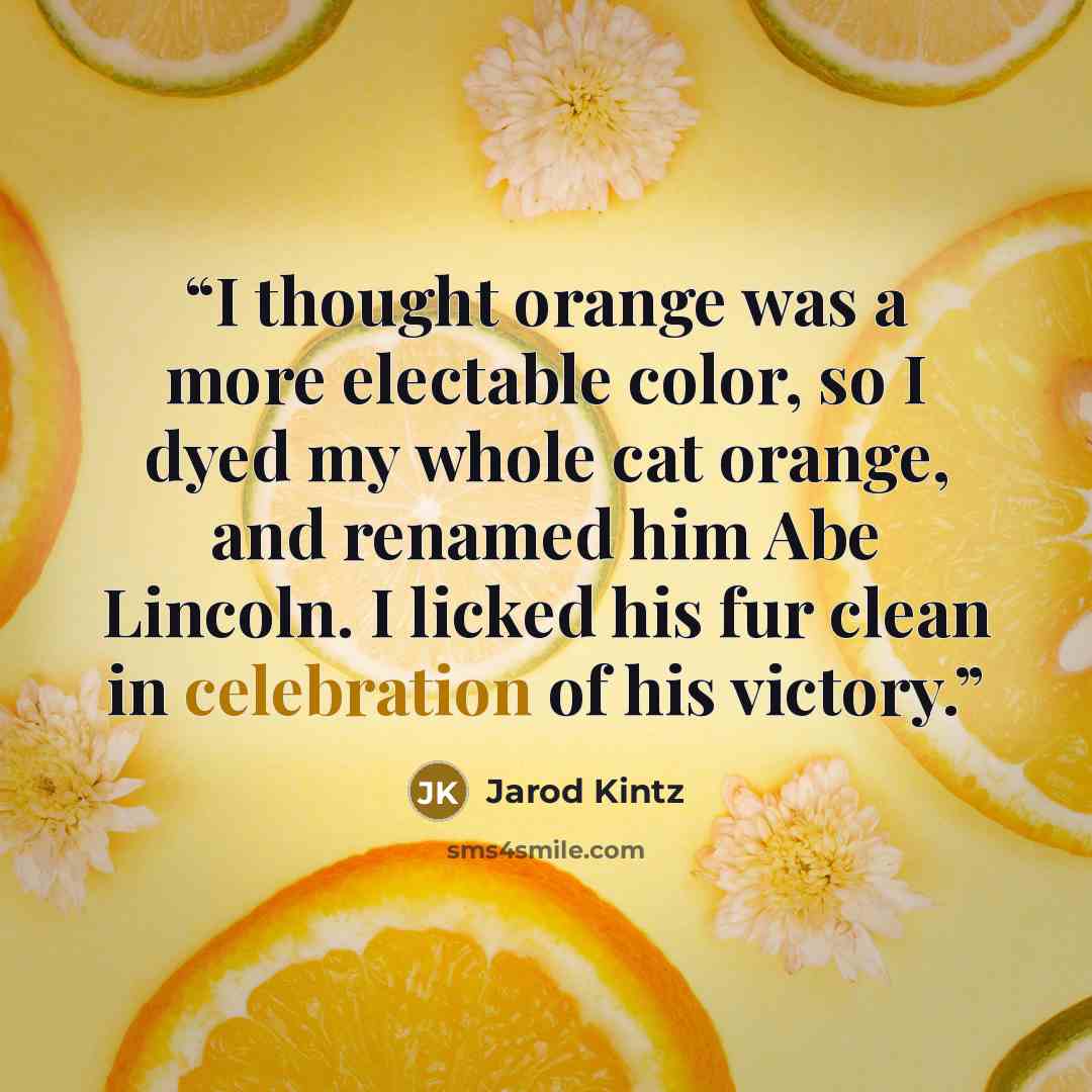 “I thought orange was a more electable color, so I dyed my whole cat orange, and renamed him Abe Lincoln. I licked his fur clean in celebration of his victory.” quote by Jarod Kintz