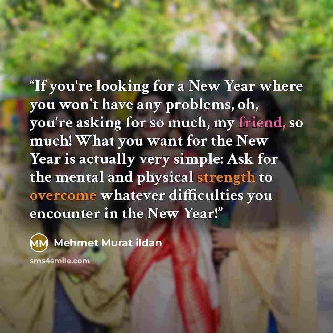 “If you're looking for a New Year where you won't have any problems, oh, you're asking for so much, my friend, so much! What you want for the New Year is actually very simple: Ask for the mental and physical strength to overcome whatever difficulties you encounter in the New Year!” quote by Mehmet Murat ildan