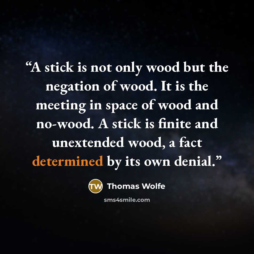 “A stick is not only wood but the negation of wood. It is the meeting in space of wood and no-wood. A stick is finite and unextended wood, a fact determined by its own denial.” quote by Thomas Wolfe