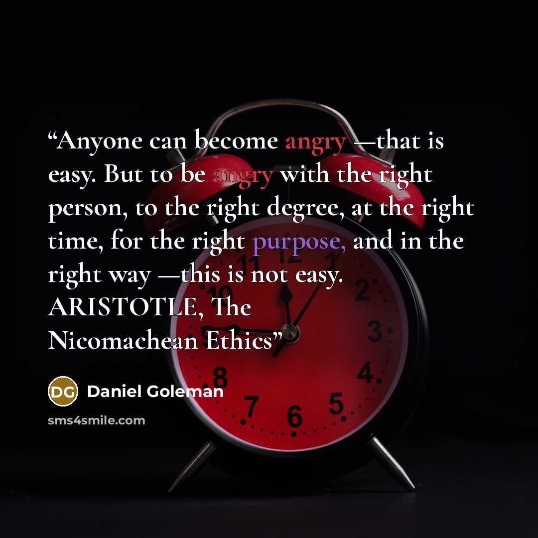 “Anyone can become angry —that is easy. But to be angry with the right person, to the right degree, at the right time, for the right purpose, and in the right way —this is not easy. ARISTOTLE, The Nicomachean Ethics” quote by Daniel Goleman