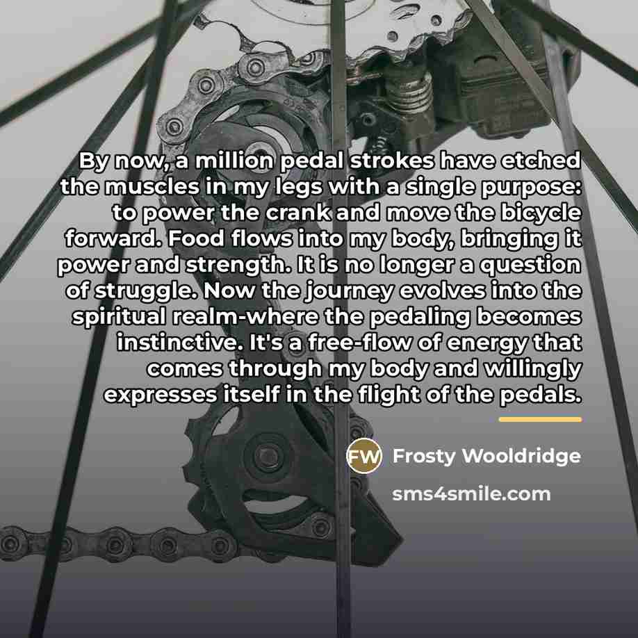 “By now, a million pedal strokes have etched the muscles…” quote by Frosty Wooldridge