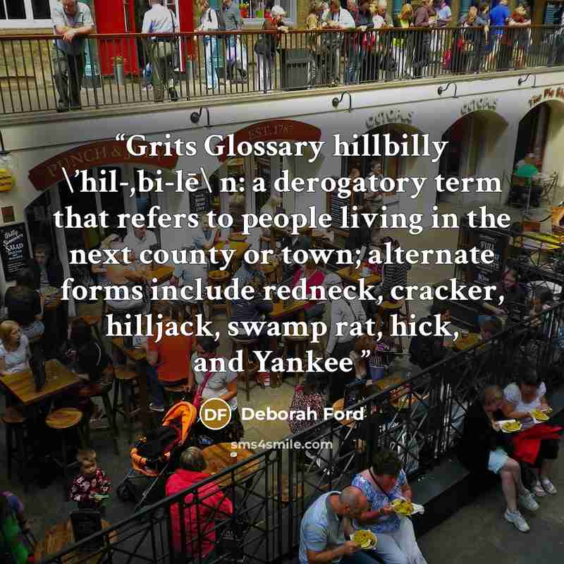 “Grits Glossary hillbilly \’hil-,bi-lē\ n: a derogatory term that refers to people living in the next county or town; alternate forms include redneck, cracker, hilljack, swamp rat, hick, and Yankee” quote by Deborah Ford