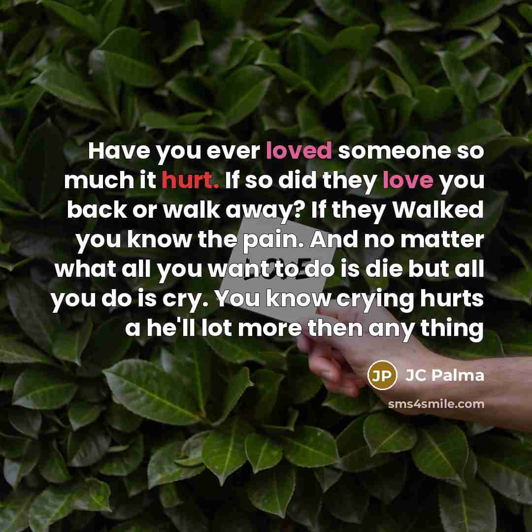 “Have you ever loved someone so much it hurt. If so did they love you back or walk away? If they Walked you know the pain. And no matter what all you want to do is die but all you do is cry. You know crying hurts a he'll lot more then any thing” quote by JC Palma