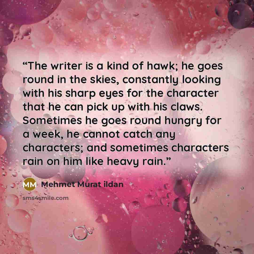 “The writer is a kind of hawk; he goes round in the skies, constantly looking with his sharp eyes for the character that he can pick up with his claws. Sometimes he goes round hungry for a week, he cannot catch any characters; and sometimes characters rain on him like heavy rain.” quote by Mehmet Murat ildan