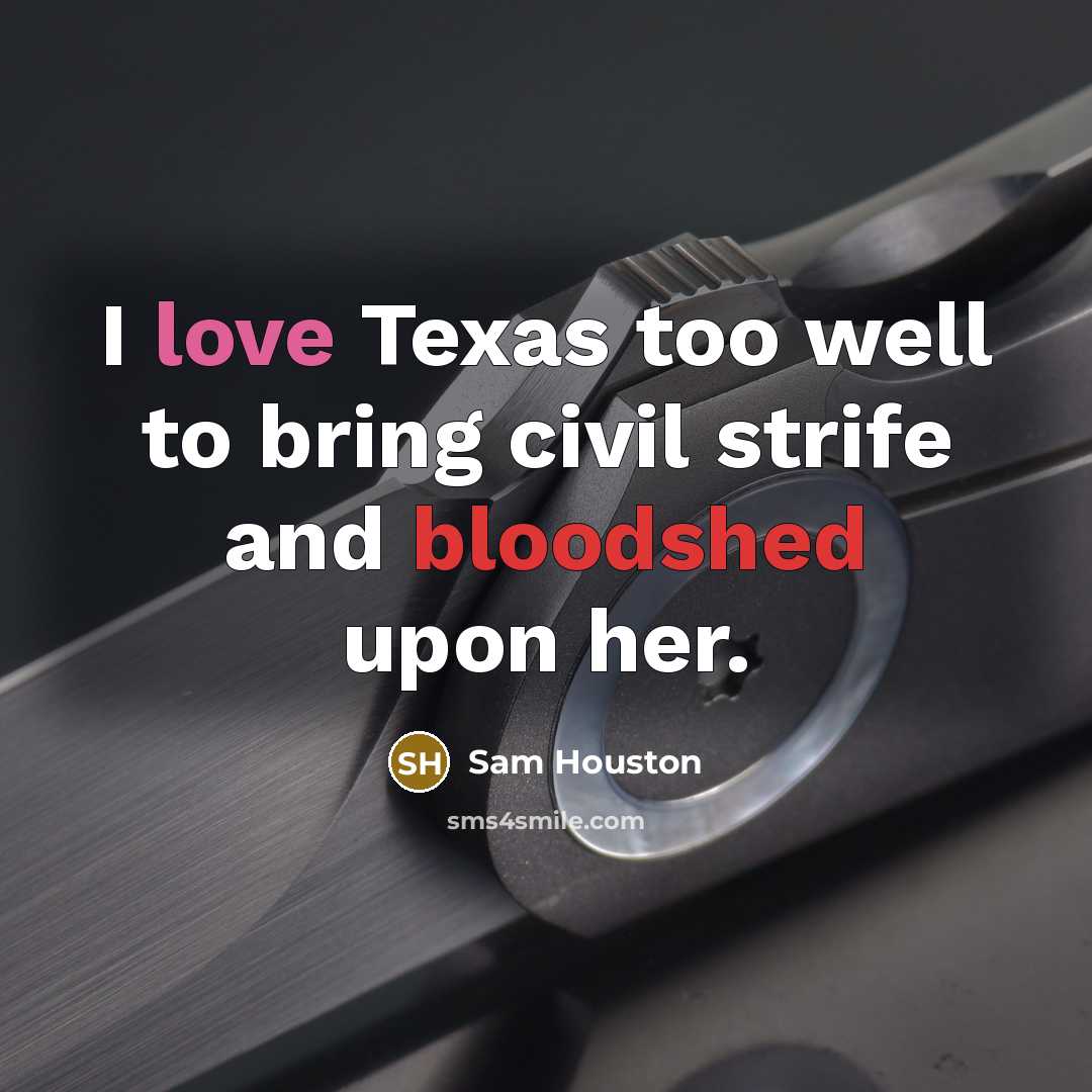“I love Texas too well to bring civil strife and…” quote by Sam Houston