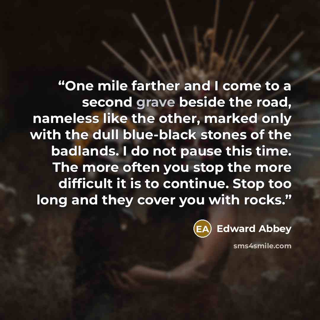 “One mile farther and I come to a second grave beside the road, nameless like the other, marked only with the dull blue-black stones of the badlands. I do not pause this time. The more often you stop the more difficult it is to continue. Stop too long and they cover you with rocks.” quote by Edward Abbey
