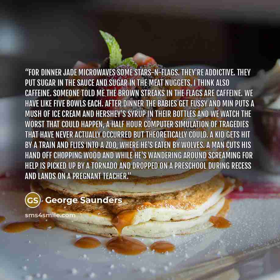 “For dinner Jade microwaves some Stars-n-Flags. They're addictive. They put sugar in the sauce and sugar in the meat nuggets. I think also caffeine. Someone told me the brown streaks in the Flags are caffeine. We have like five bowls each. After dinner the babies get fussy and Min puts a mush of…” quote by George Saunders