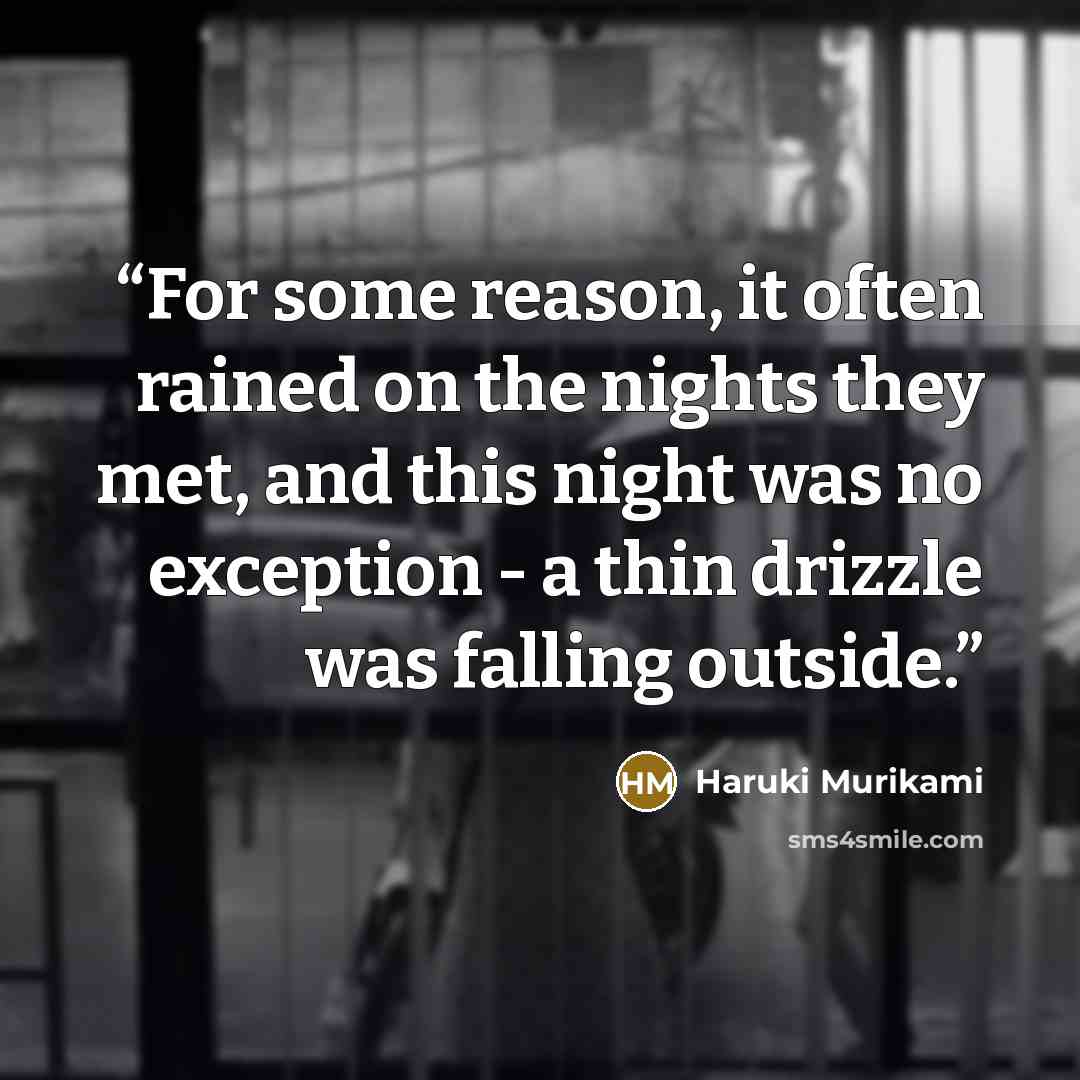 “For some reason, it often rained on the nights they met, and this night was no exception - a thin drizzle was falling outside.” quote by Haruki Murikami