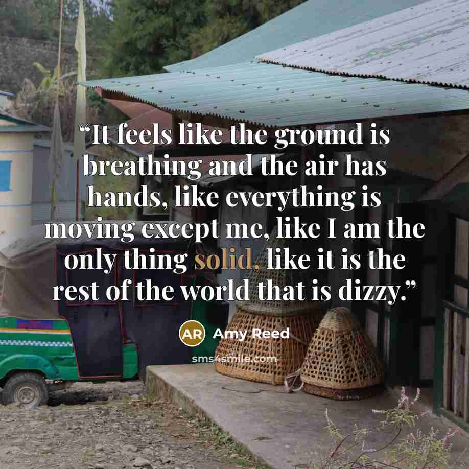 “It feels like the ground is breathing and the air has hands, like everything is moving except me, like I am the only thing solid, like it is the rest of the world that is dizzy.” quote by Amy Reed