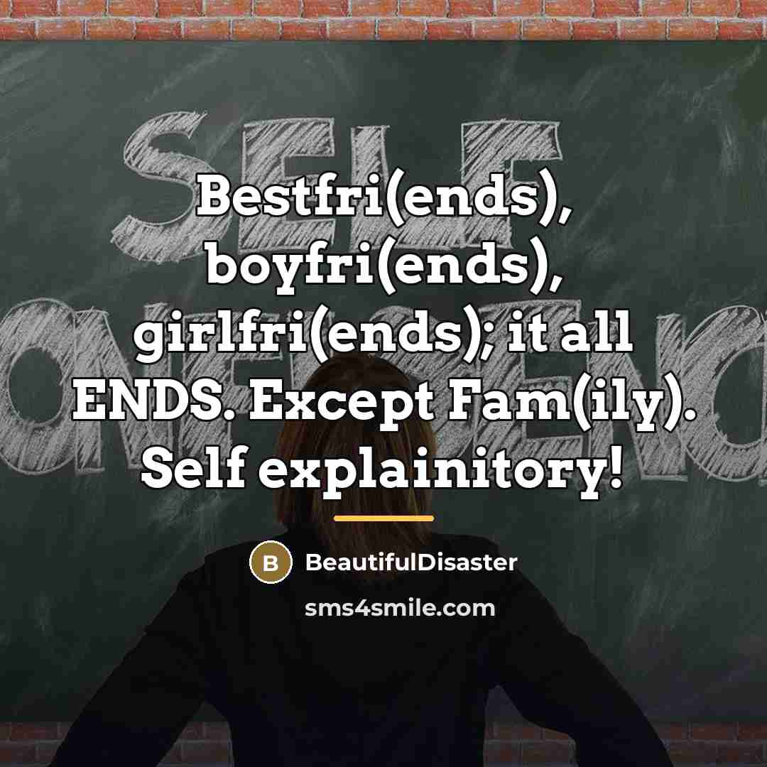 “Bestfri(ends), boyfri(ends), girlfri(ends); it all ENDS. Except Fam(ily). Self explainitory!…” quote by BeautifulDisaster