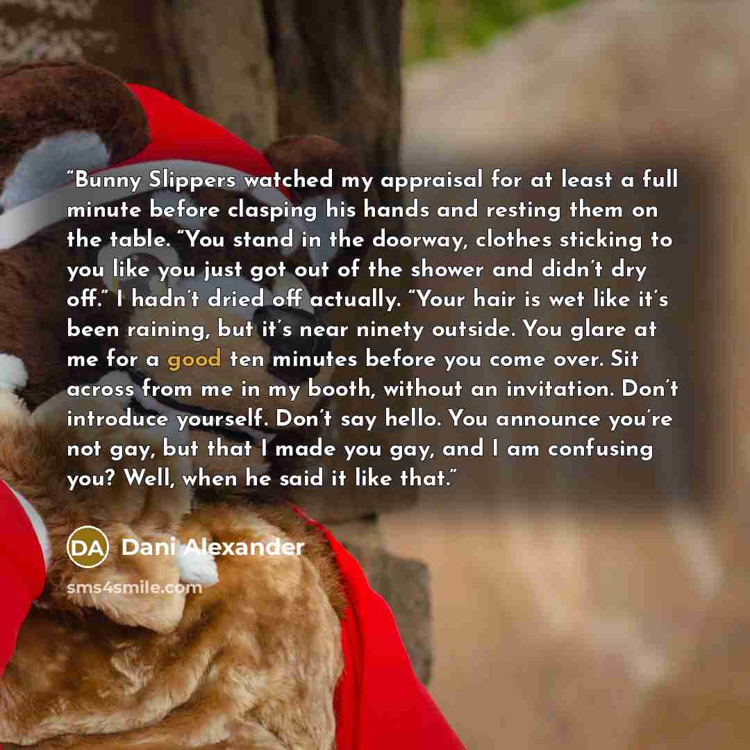 “Bunny Slippers watched my appraisal for at least a full minute before clasping his hands and resting them on the table. “You stand in the doorway, clothes sticking to you like you just got out of the shower and didn’t dry off.” I hadn’t dried off actually. “Your hair is wet like it’s been raining…” quote by Dani Alexander