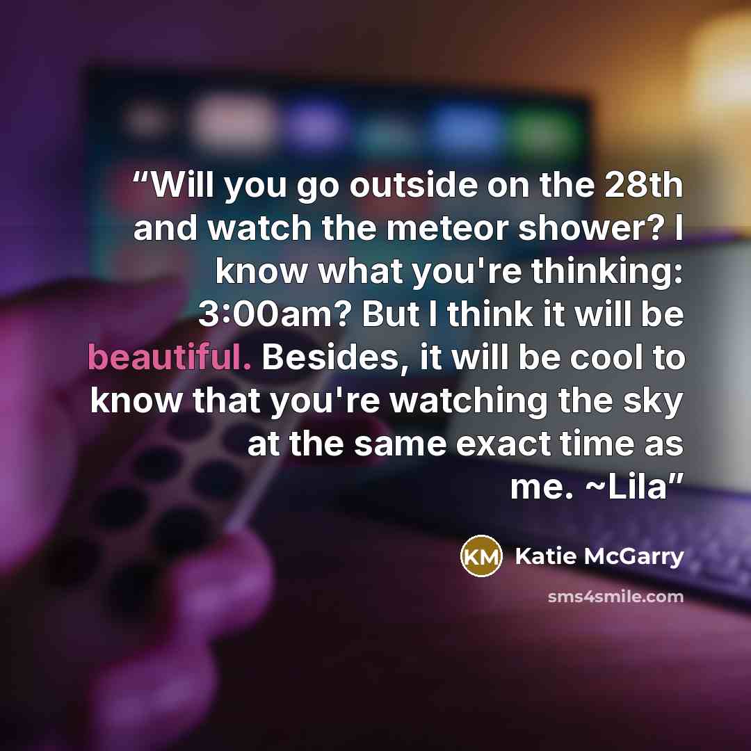 “Will you go outside on the 28th and watch the meteor shower? I know what you're thinking: 3:00am? But I think it will be beautiful. Besides, it will be cool to know that you're watching the sky at the same exact time as me. ~Lila” quote by Katie McGarry