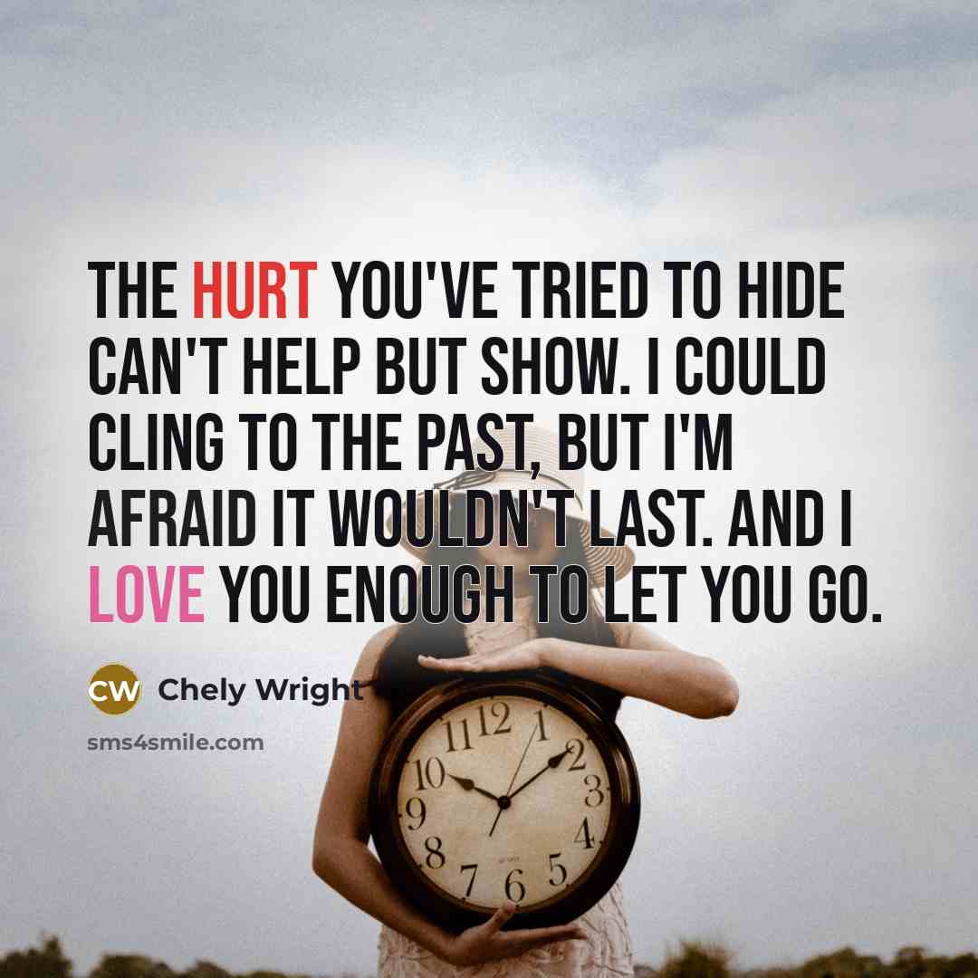 “The hurt you've tried to hide can't help but show. I could cling to the past, but I'm afraid it wouldn't last. And I love you enough to let you go.” quote by Chely Wright