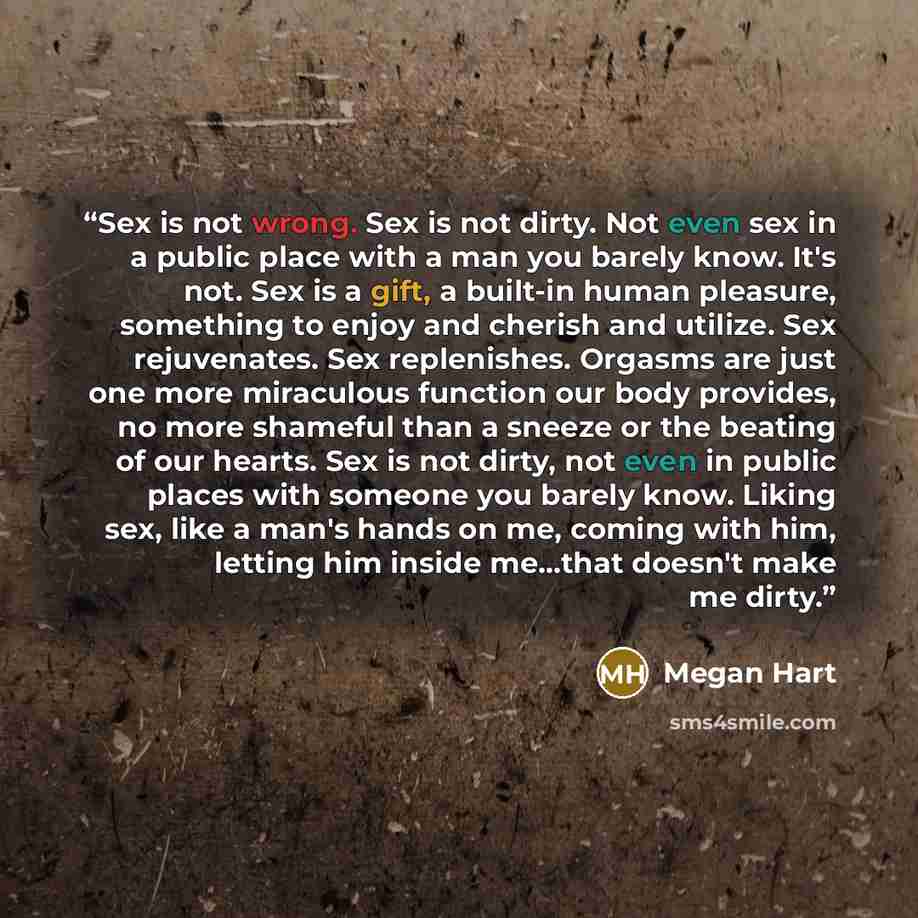 “Sex is not wrong. Sex is not dirty. Not even sex in a public place with a man you barely know. It's not. Sex is a gift, a built-in human pleasure, something to enjoy and cherish and utilize. Sex rejuvenates. Sex replenishes. Orgasms are just one more miraculous function our body provides, no more…” quote by Megan Hart