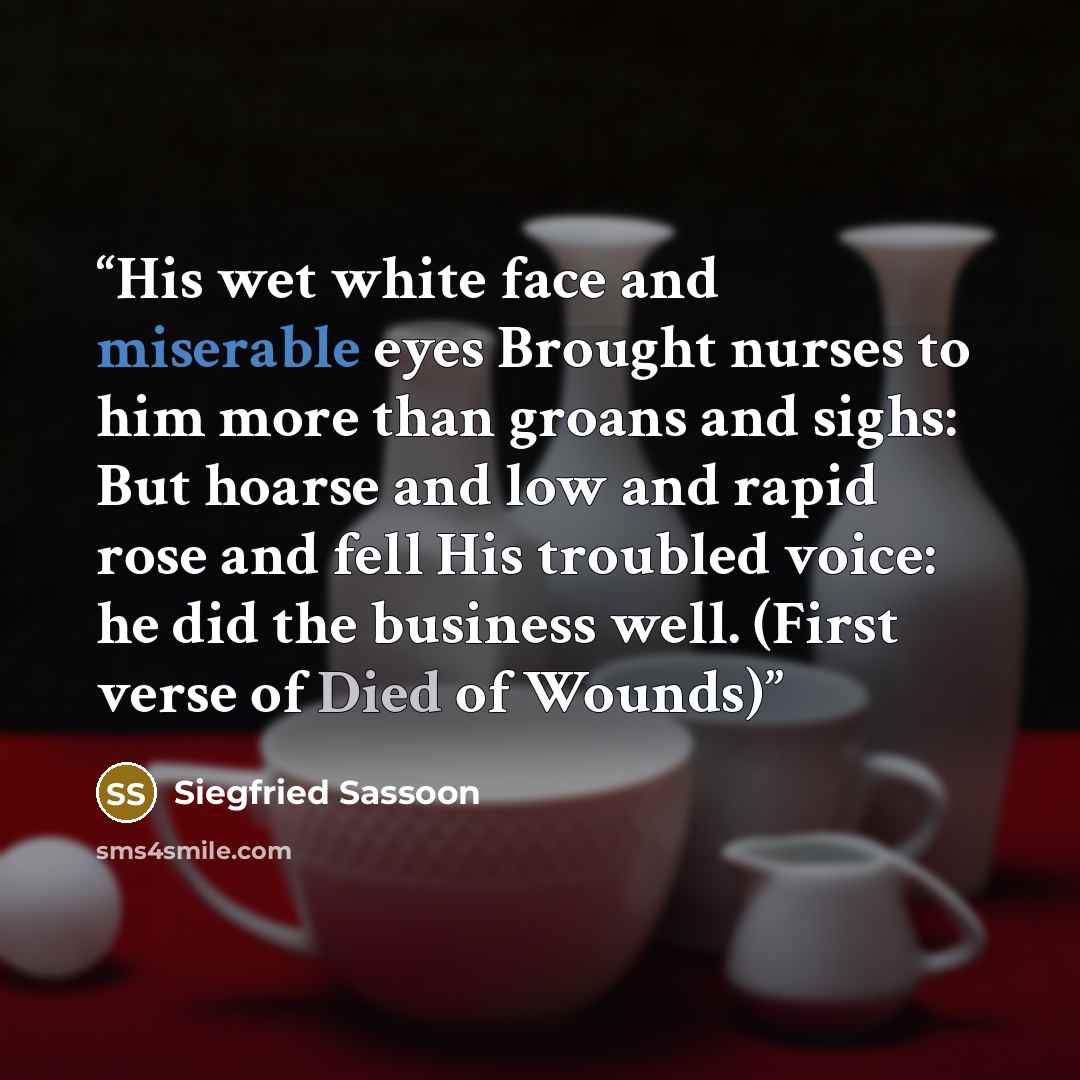 “His wet white face and miserable eyes Brought nurses to him more than groans and sighs: But hoarse and low and rapid rose and fell His troubled voice: he did the business well. (First verse of Died of Wounds)” quote by Siegfried Sassoon