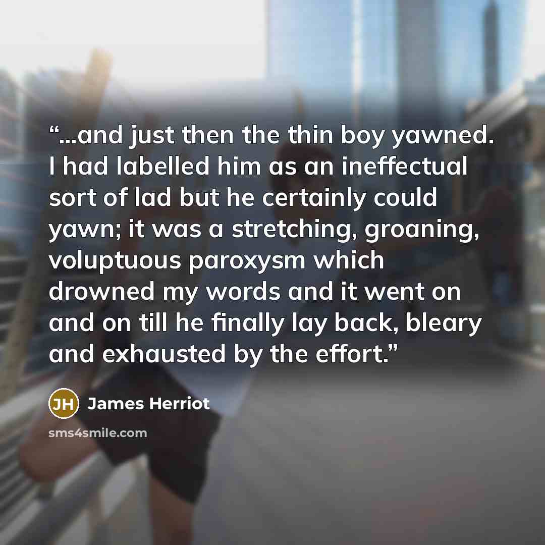 “...and just then the thin boy yawned. I had labelled him as an ineffectual sort of lad but he certainly could yawn; it was a stretching, groaning, voluptuous paroxysm which drowned my words and it went on and on till he finally lay back, bleary and exhausted by the effort.” quote by James Herriot