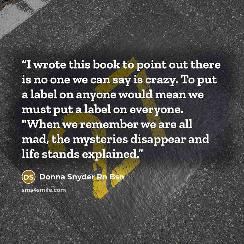 “I wrote this book to point out there is no one we can say is crazy. To put a label on anyone would mean we must put a label on everyone. "When we remember we are all mad, the mysteries disappear and life stands explained.” quote by Donna Snyder Rn Bsn