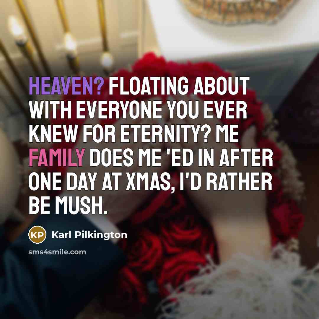“Heaven? Floating about with everyone you ever knew for eternity? Me family does me 'ed in after one day at xmas, I'd rather be mush.” quote by Karl Pilkington