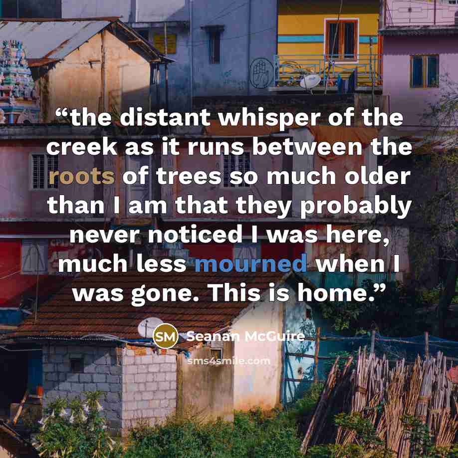 “the distant whisper of the creek as it runs between the roots of trees so much older than I am that they probably never noticed I was here, much less mourned when I was gone. This is home.” quote by Seanan McGuire