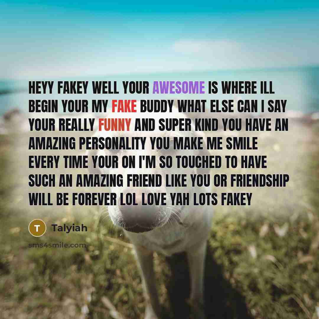 “Heyy Fakey well your awesome is where ill begin your my fake buddy what else can I say your really funny and super kind you have an amazing personality you make me smile every time your on I'm so touched to have such an amazing friend like you or friendship will be forever lol Love yah lots Fakey” quote by Talyiah