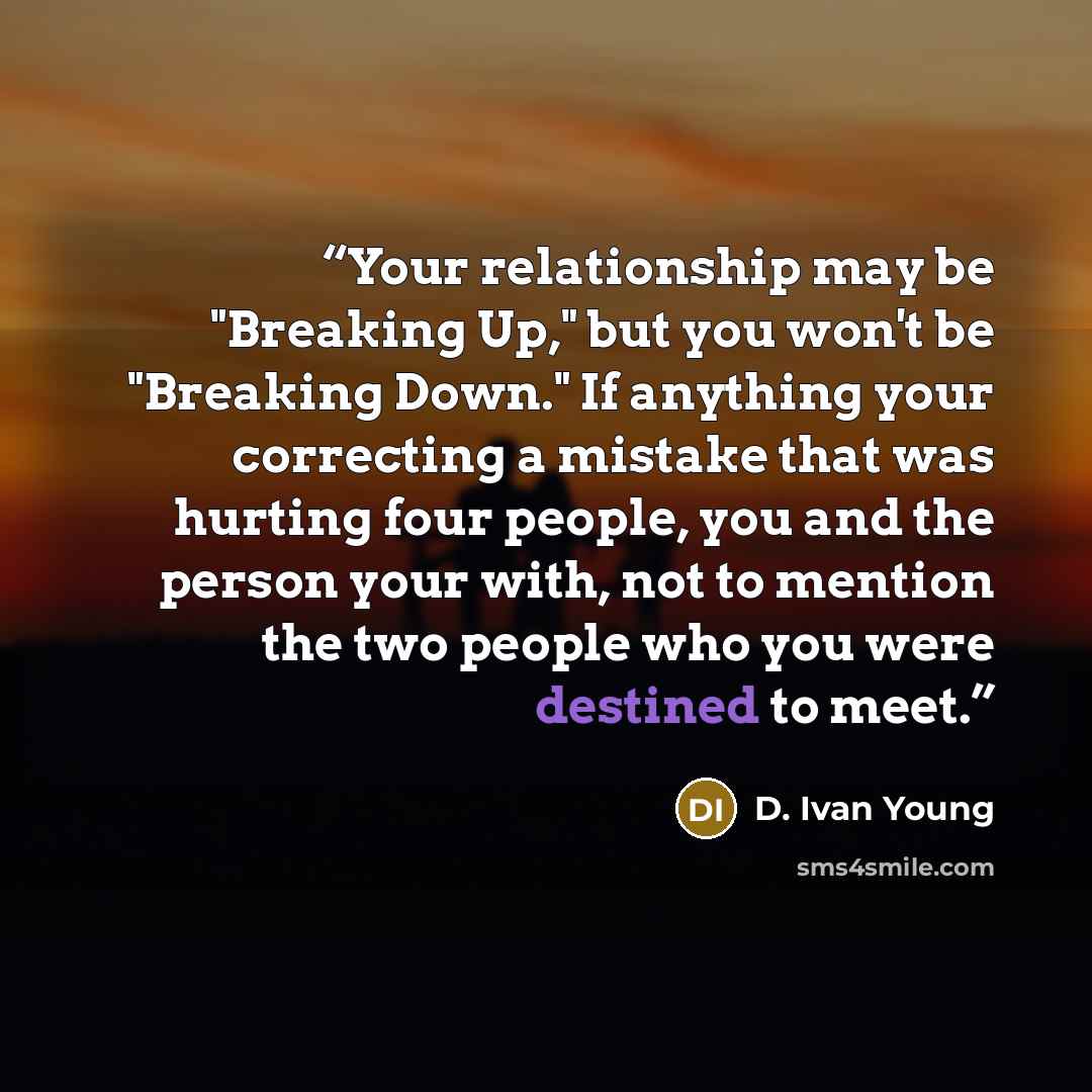 “Your relationship may be "Breaking Up," but you won't be "Breaking Down." If anything your correcting a mistake that was hurting four people, you and the person your with, not to mention the two people who you were destined to meet.” quote by D. Ivan Young