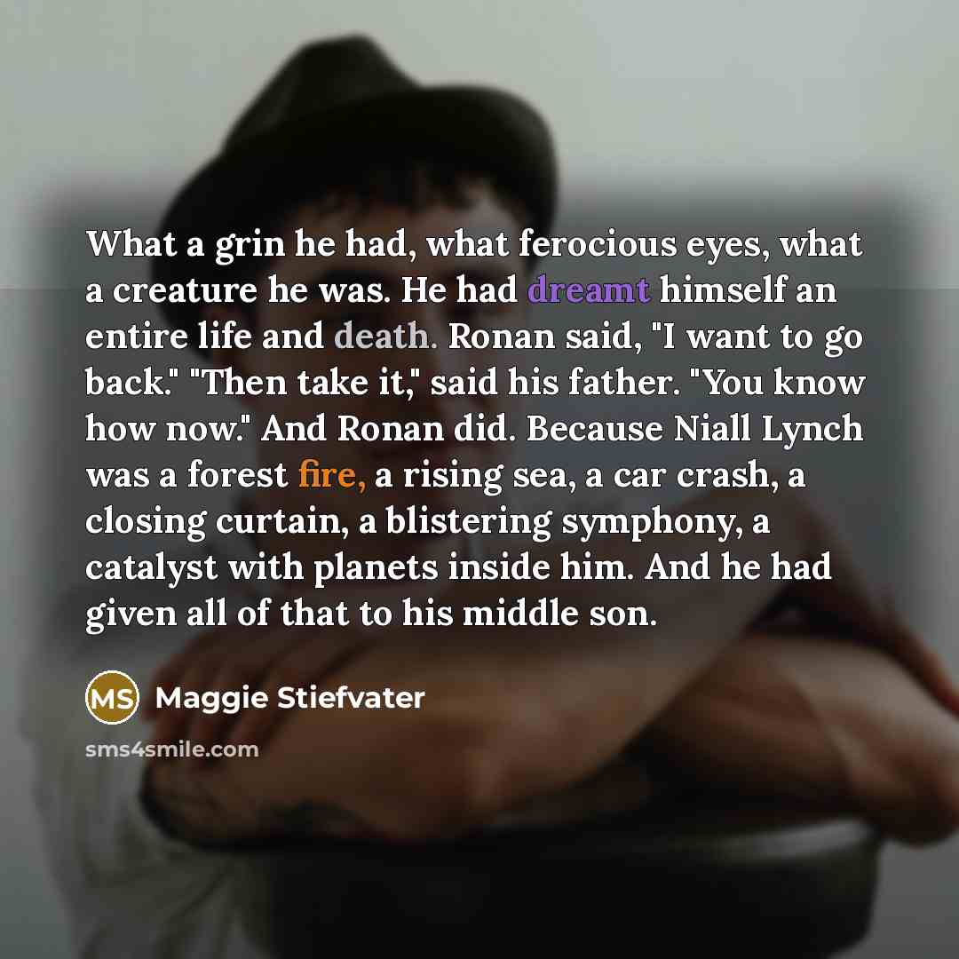 “What a grin he had, what ferocious eyes, what a creature he was. He had dreamt himself an entire life and death. Ronan said, "I want to go back." "Then take it," said his father. "You know how now." And Ronan did. Because Niall Lynch was a forest fire, a rising sea, a car crash, a closing curtain…” quote by Maggie Stiefvater