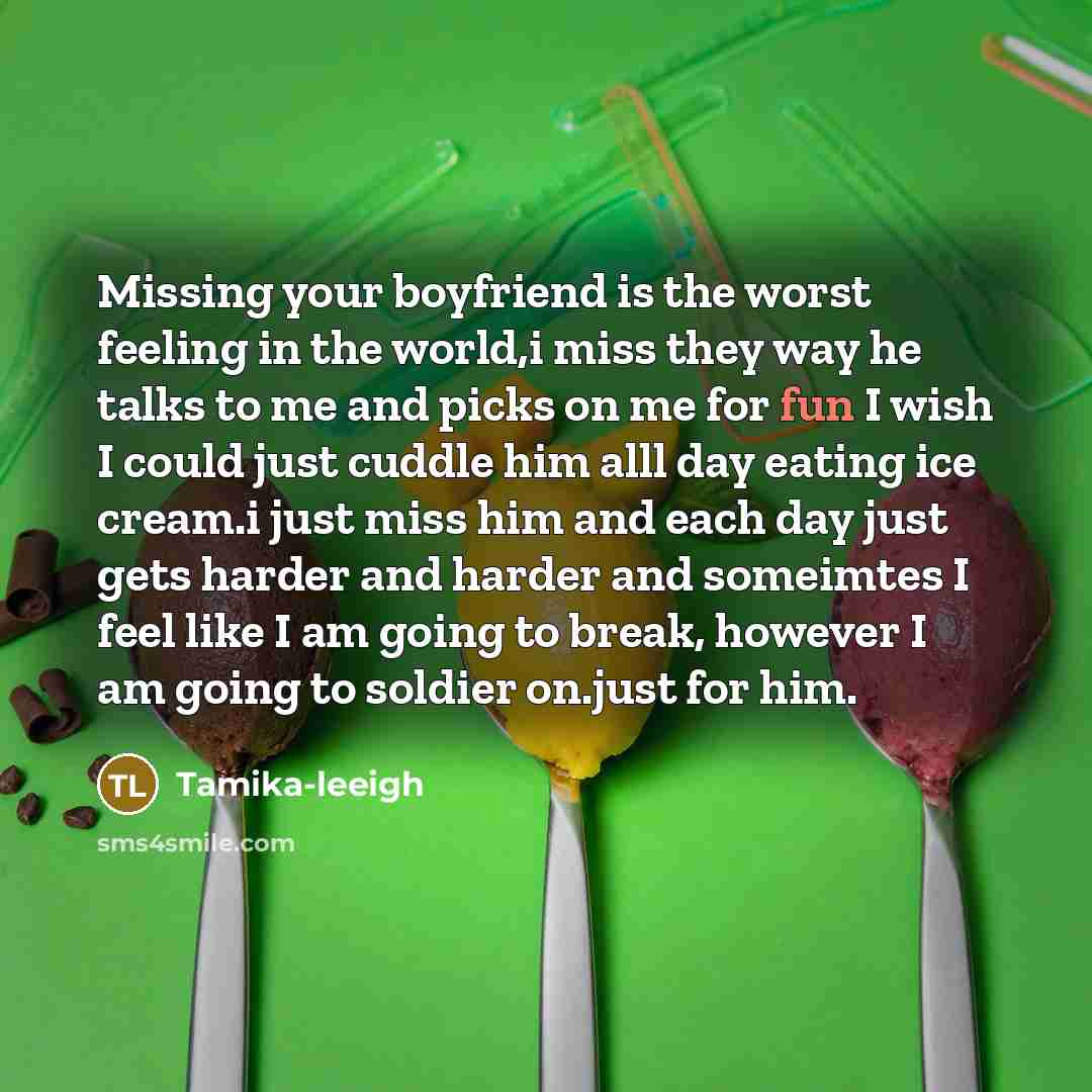 “Missing your boyfriend is the worst feeling in the world,i miss they way he talks to me and picks on me for fun I wish I could just cuddle him alll day eating ice cream.i just miss him and each day just gets harder and harder and someimtes I feel like I am going to break, however I am going to…” quote by Tamika-leeigh