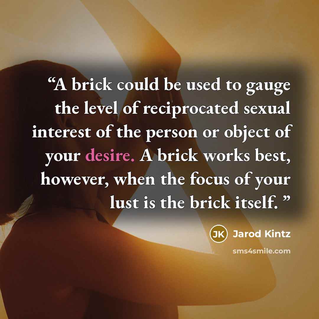 “A brick could be used to gauge the level of reciprocated sexual interest of the person or object of your desire. A brick works best, however, when the focus of your lust is the brick itself.” quote by Jarod Kintz
