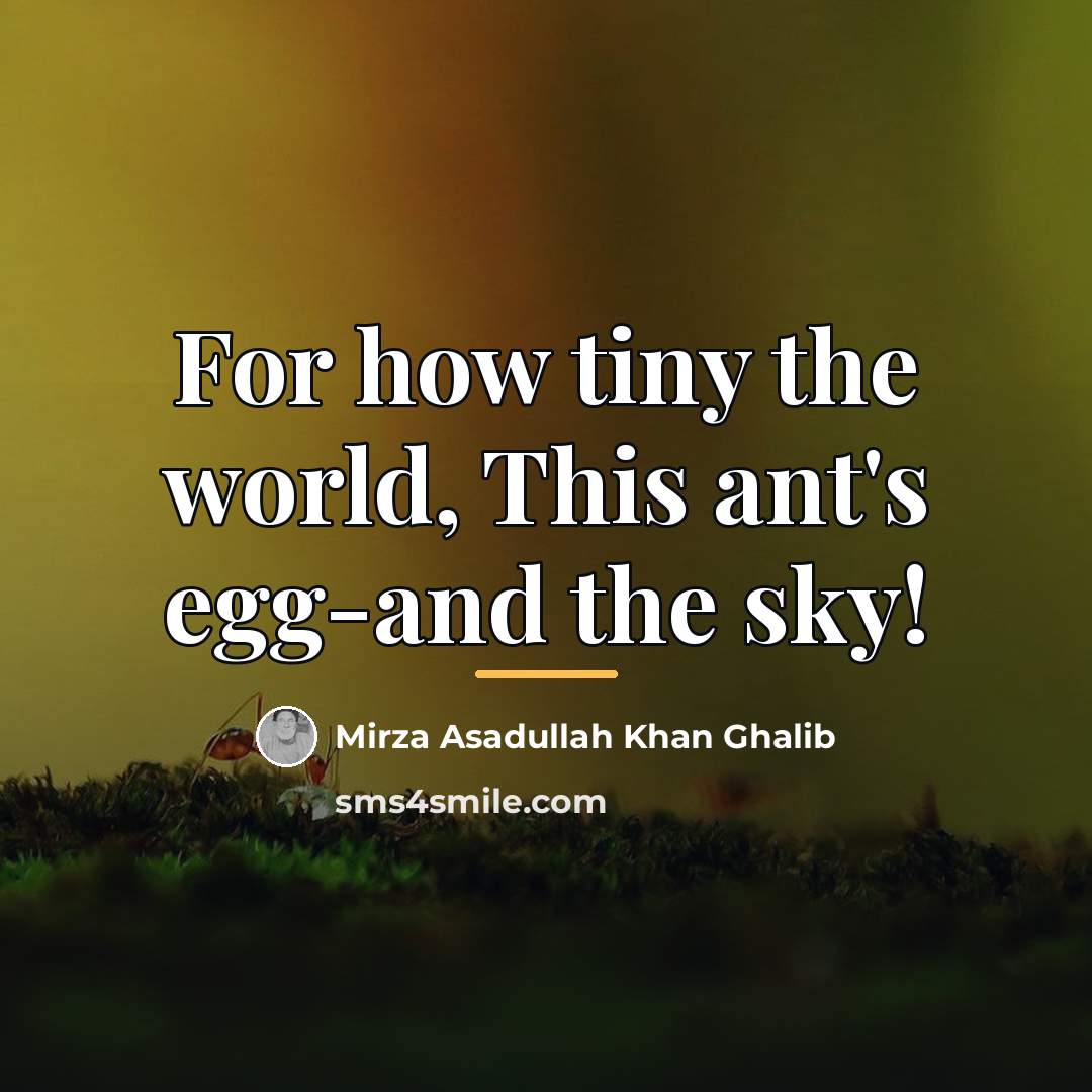 “For how tiny the world, This ant's egg-and the sky!…” quote by Mirza Asadullah Khan Ghalib