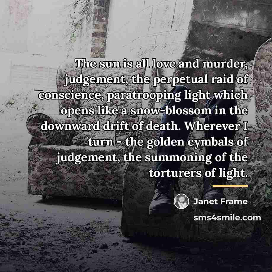 “The sun is all love and murder, judgement, the perpetual…” quote by Janet Frame