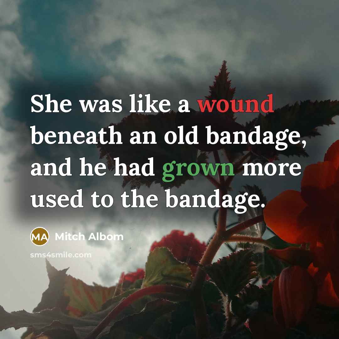 “She was like a wound beneath an old bandage, and he had grown more used to the bandage.” quote by Mitch Albom