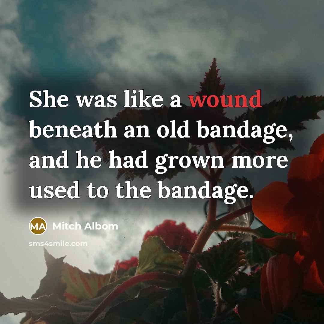 “She was like a wound beneath an old bandage, and…” quote by Mitch Albom