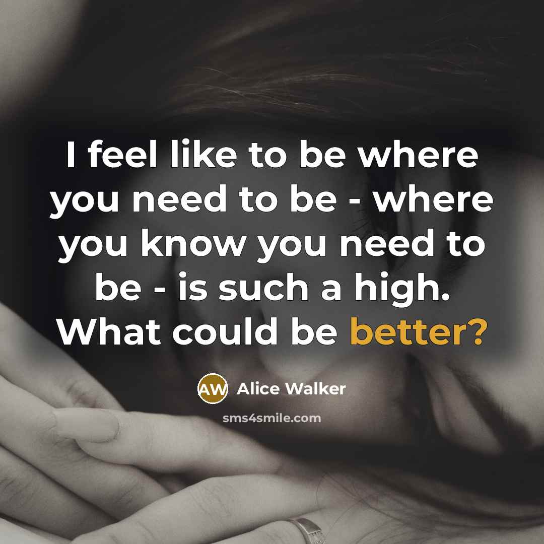 “I feel like to be where you need to be - where you know you need to be - is such a high. What could be better?” quote by Alice Walker