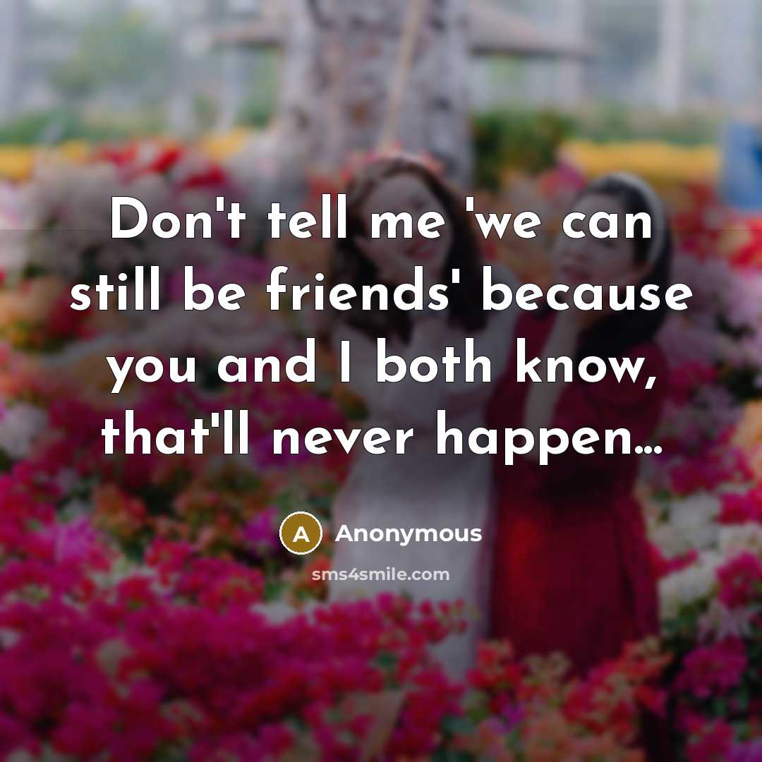 “Don't tell me 'we can still be friends' because you and I both know, that'll never happen...” quote by Anonymous