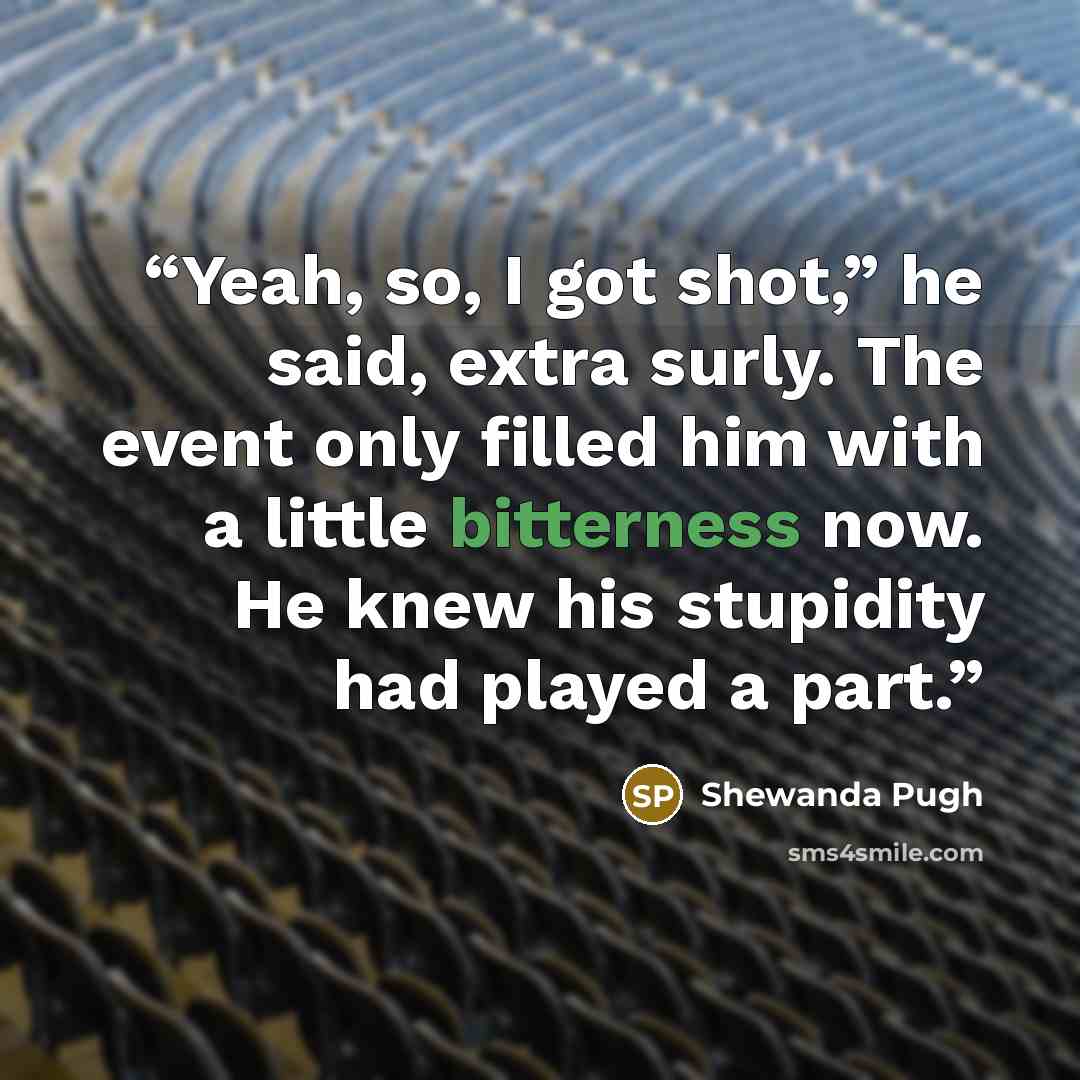 “Yeah, so, I got shot,” he said, extra surly. The event only filled him with a little bitterness now. He knew his stupidity had played a part.” quote by Shewanda Pugh