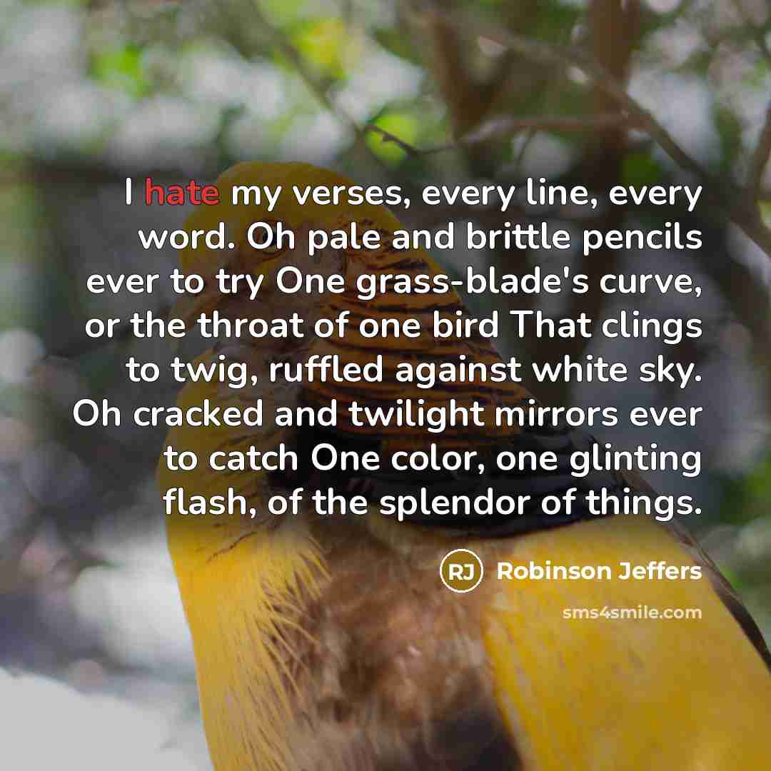 “I hate my verses, every line, every word. Oh pale…” quote by Robinson Jeffers