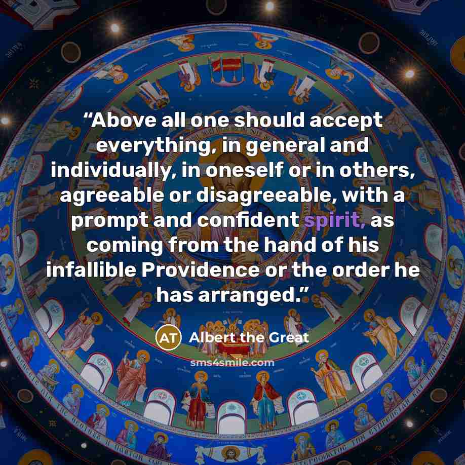 “Above all one should accept everything, in general and individually, in oneself or in others, agreeable or disagreeable, with a prompt and confident spirit, as coming from the hand of his infallible Providence or the order he has arranged.” quote by Albert the Great