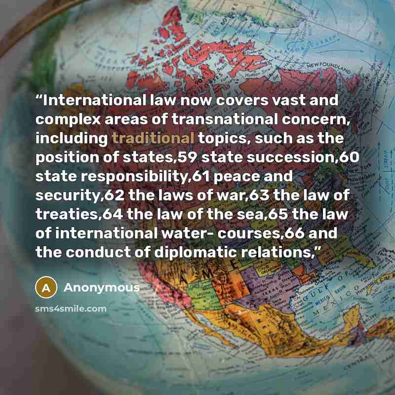 “International law now covers vast and complex areas of transnational concern, including traditional topics, such as the position of states,59 state succession,60 state responsibility,61 peace and security,62 the laws of war,63 the law of treaties,64 the law of the sea,65 the law of international…” quote by Anonymous