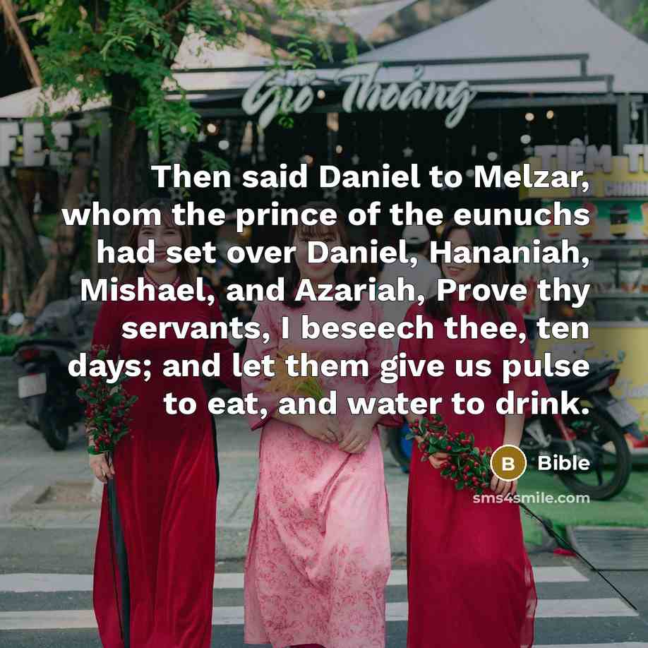 “Then said Daniel to Melzar, whom the prince of the eunuchs had set over Daniel, Hananiah, Mishael, and Azariah, Prove thy servants, I beseech thee, ten days; and let them give us pulse to eat, and water to drink.” quote by Bible