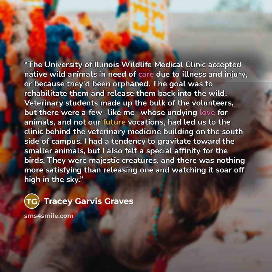 “The University of Illinois Wildlife Medical Clinic accepted native wild animals in need of care due to illness and injury, or because they'd been orphaned. The goal was to rehabilitate them and release them back into the wild. Veterinary students made up the bulk of the volunteers, but there were…” quote by Tracey Garvis Graves