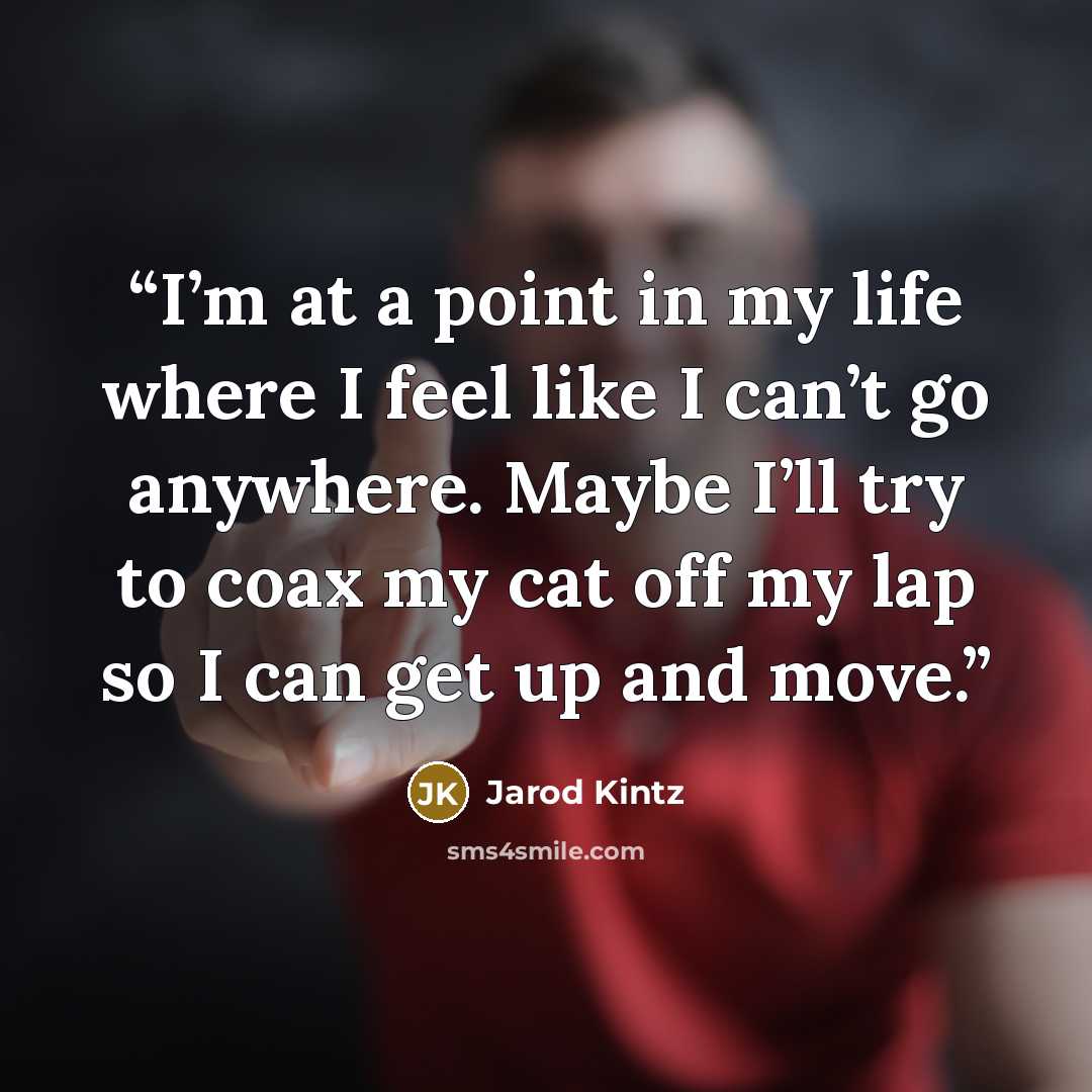 “I’m at a point in my life where I feel like I can’t go anywhere. Maybe I’ll try to coax my cat off my lap so I can get up and move.” quote by Jarod Kintz
