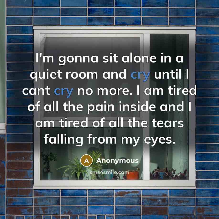 “I'm gonna sit alone in a quiet room and cry until I cant cry no more. I am tired of all the pain inside and I am tired of all the tears falling from my eyes.” quote by Anonymous