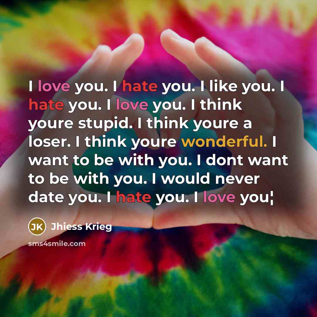 “I love you. I hate you. I like you. I…” quote by Jhiess Krieg